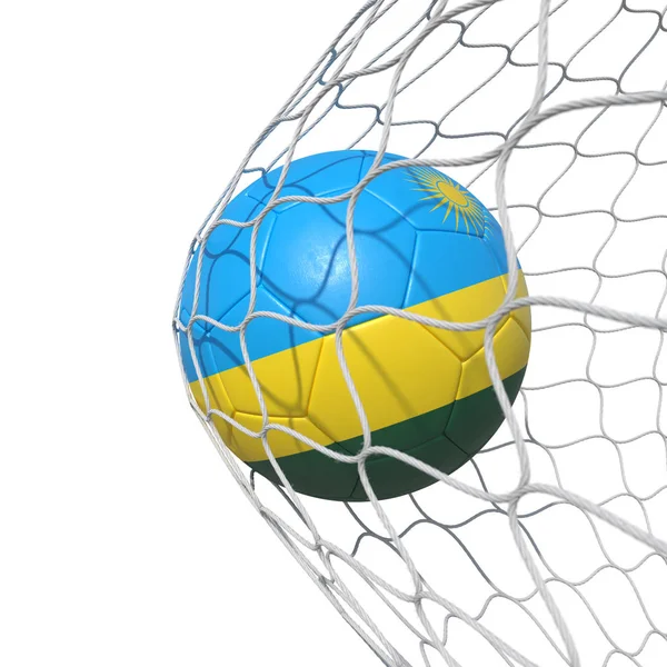 Rwanda Rwandská vlajka fotbalový míč uvnitř sítě, v síti. — Stock fotografie