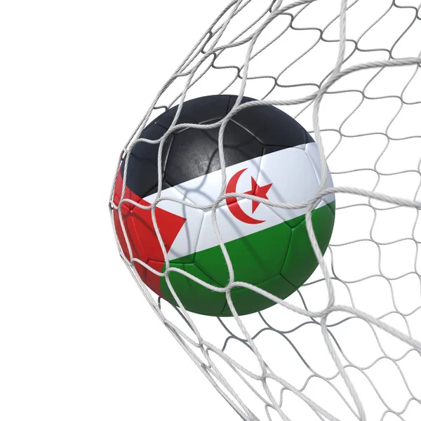 Sahrawi Arab Democratic Republic flag soccer ball inside the net — Stock Photo, Image