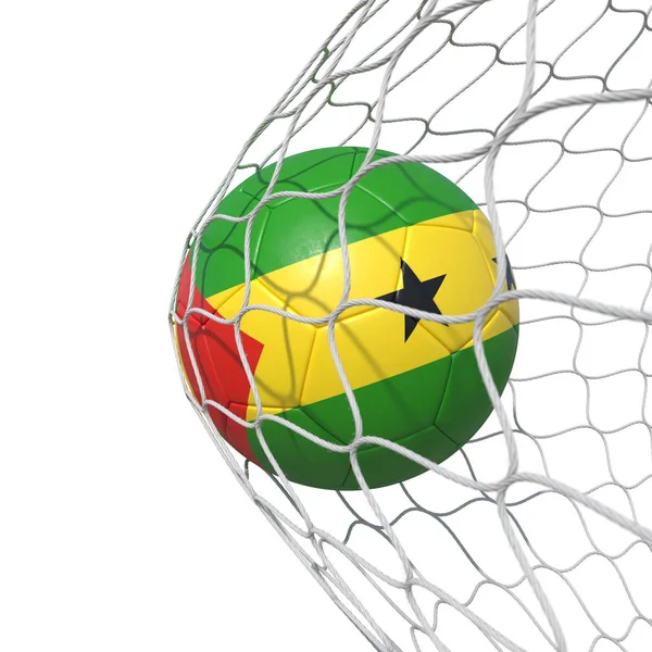 Svatý Tomáš a Princův vlajky fotbalový míč uvnitř sítě, v síti. — Stock fotografie