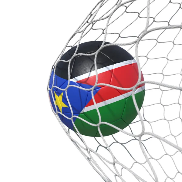 South Sudan flag soccer ball inside the net, in a net. — Stock Photo, Image