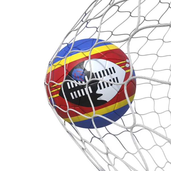 Swaziland flag soccer ball inside the net, in a net. — Stock Photo, Image
