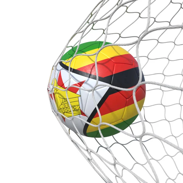 Vlajka Zimbabwe Zimbabwe fotbalový míč uvnitř sítě, v síti. — Stock fotografie