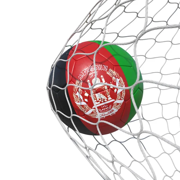 Afghanistan flag soccer ball inside the net, in a net. — Stock Photo, Image