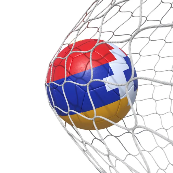 Artsakh Karabachu vlajky fotbalový míč uvnitř sítě, v síti. — Stock fotografie