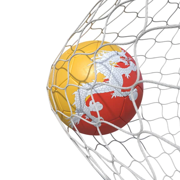 Bhutan Bhutanese flag soccer ball inside the net, in a net. — Stock Photo, Image