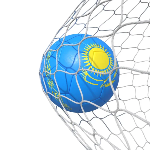 Bola de futebol bandeira do Cazaquistão dentro da rede, em uma rede . — Fotografia de Stock