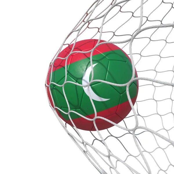 Pallone da calcio maldiviano con bandiera delle Maldive all'interno della rete, in rete . — Foto Stock