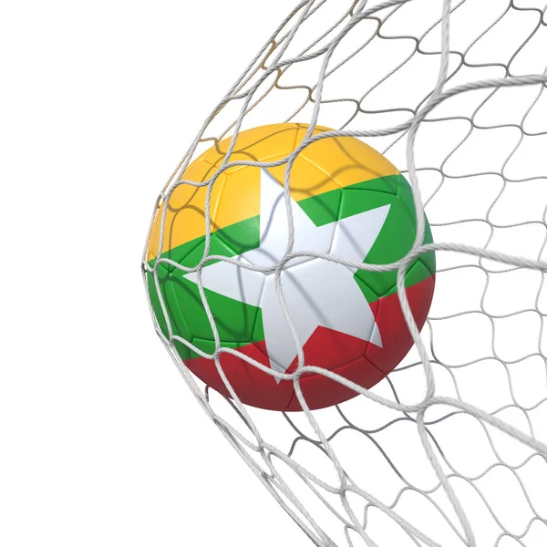Bandeira de Myanmar bola de futebol dentro da rede, em uma rede . — Fotografia de Stock