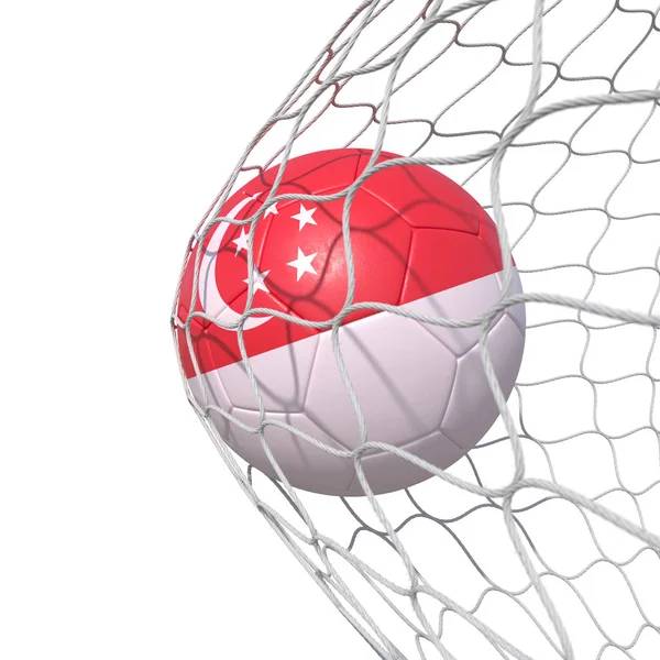 Singapura Bandeira de Singapura bola de futebol dentro da rede, em uma rede . — Fotografia de Stock