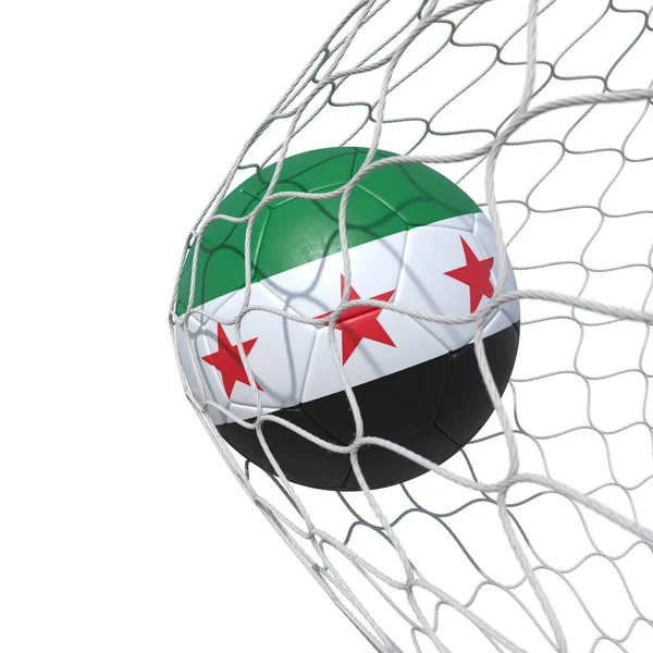 Syrské Sýrie Nová vlajka fotbalový míč uvnitř sítě, v síti. — Stock fotografie