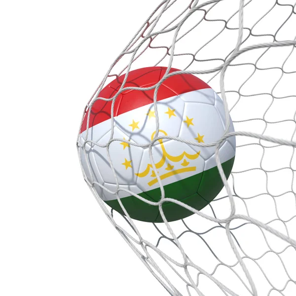 Bola de futebol bandeira do Tajiquistão dentro da rede, em uma rede . — Fotografia de Stock