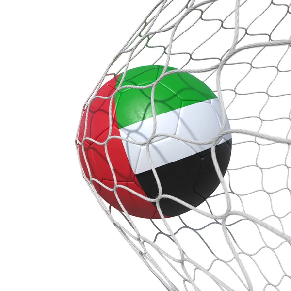 Zjednoczone Emiraty Arabskie flaga piłka nożna wewnątrz sieci, w necie. — Zdjęcie stockowe