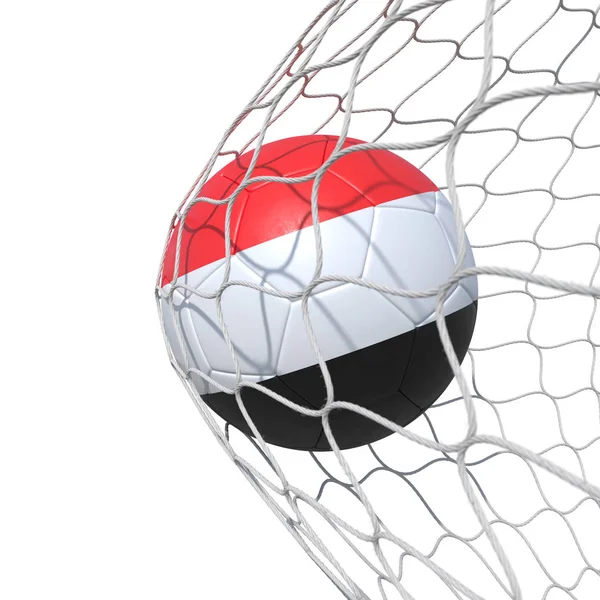 Flaga Jemenu jemeński jemeńskich piłka nożna wewnątrz sieci, w necie. — Zdjęcie stockowe