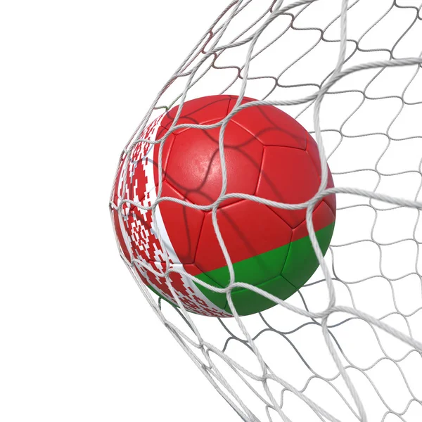Belarus Belorussian flag soccer ball inside the net, in a net. — Stock Photo, Image