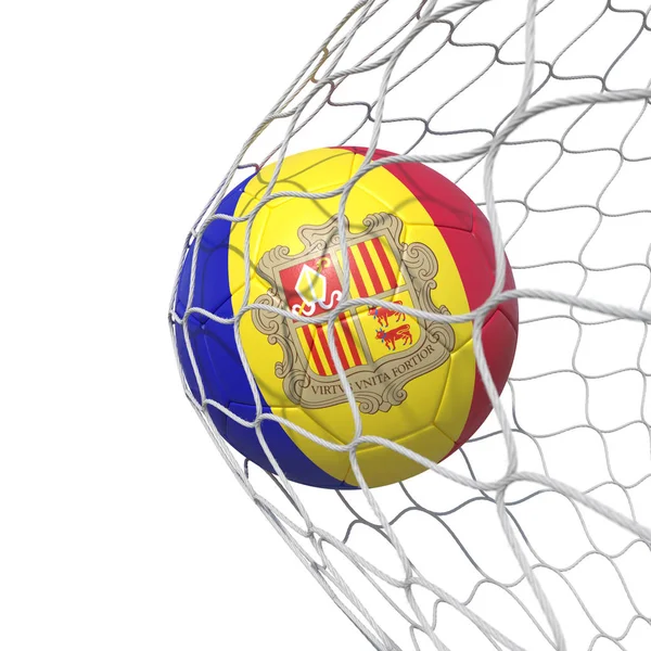 Andorra bandeira bola de futebol dentro da rede, em uma rede . — Fotografia de Stock