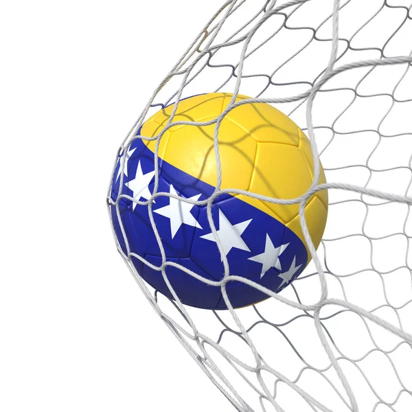 Bosnia and Herzegovina flag soccer ball inside the net, in a net