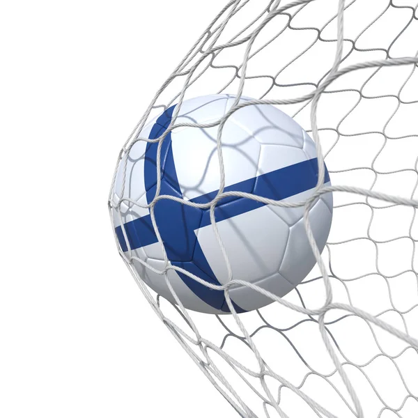 Finland flag soccer ball inside the net, in a net. — Stock Photo, Image