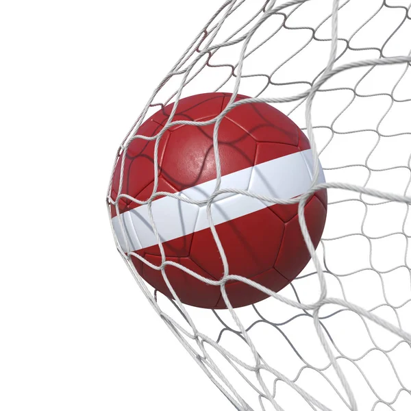 Vlajka Lotyšska lotyšský fotbalový míč uvnitř sítě, v síti. — Stock fotografie