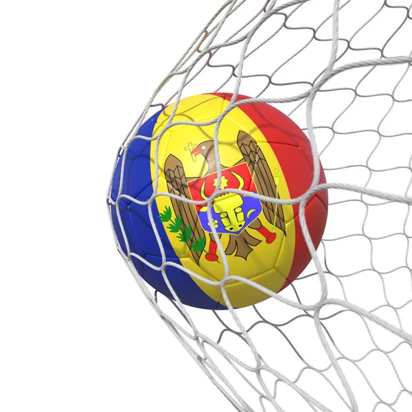 Moldavia pallone da calcio bandiera moldava all'interno della rete, in una rete . — Foto Stock