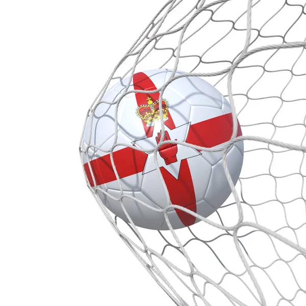 Northern Ireland flag soccer ball inside the net, in a net.
