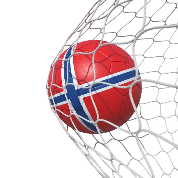 Noruega bola de futebol bandeira norueguesa dentro da rede, em uma rede . — Fotografia de Stock