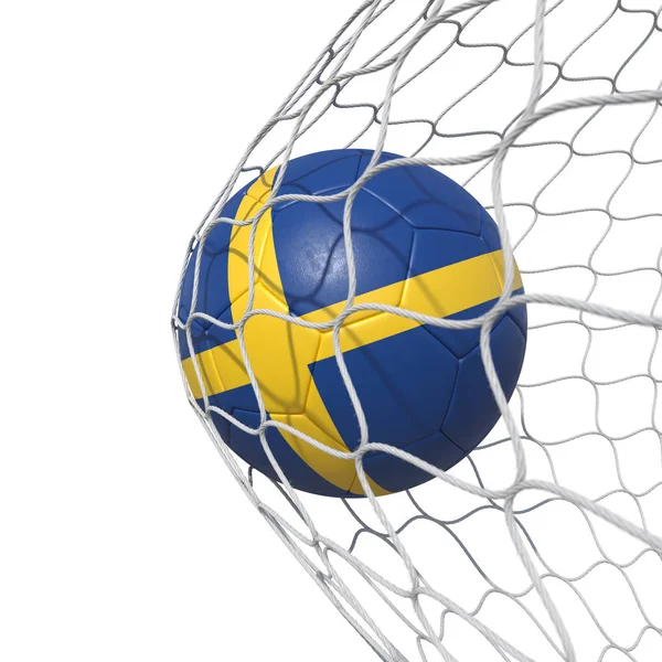 Sweden Swedish flag soccer ball inside the net, in a net. — Stock Photo, Image