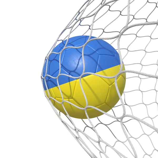 UA Ucrânia bola de futebol bandeira ucraniana dentro da rede, em uma rede . — Fotografia de Stock