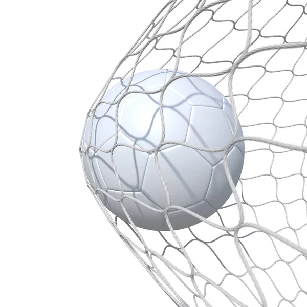 White clear leather soccer ball inside the net, in a net. — Stock Photo, Image