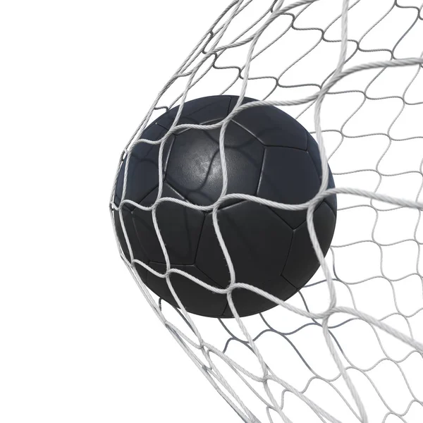 Black leather soccer ball inside the net, in a net. — Stock Photo, Image