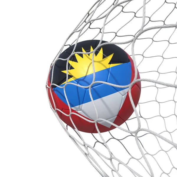 Antigua Antigua y Barbuda pelota de fútbol bandera dentro de la red, en — Foto de Stock