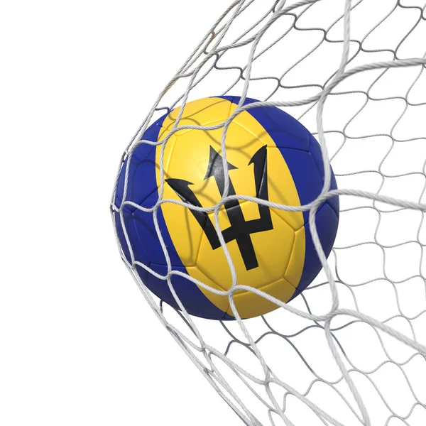 Barbados Barbadian bandeira bola de futebol dentro da rede, em uma rede . — Fotografia de Stock