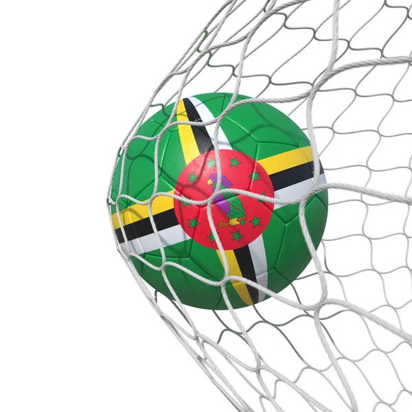 Dominica Dominican flag soccer ball inside the net, in a net. — Stock Photo, Image