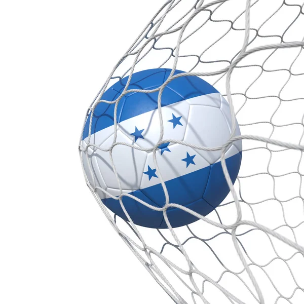 Bandera hondureña pelota de fútbol dentro de la red, en una red . —  Fotos de Stock