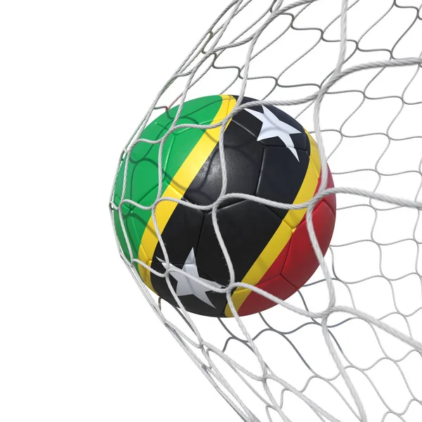 Balón de fútbol de bandera de San Cristóbal y Nieves dentro de la red, en una red . — Foto de Stock
