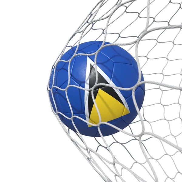 Saint Lucia flag soccer ball inside the net, in a net. — Stock Photo, Image