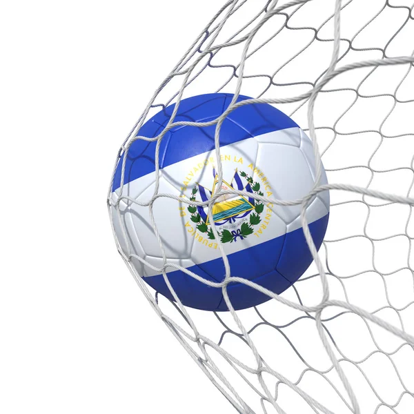 Bandera salvadoreña pelota de fútbol dentro de la red, en una red . —  Fotos de Stock