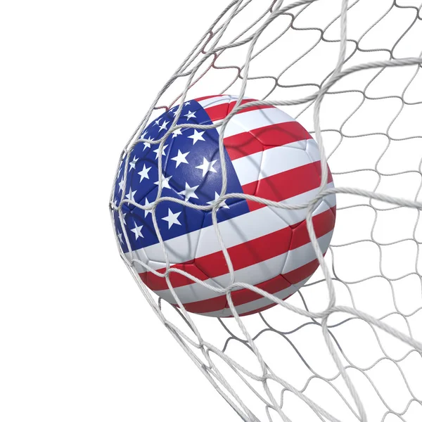 USA United States flag soccer ball inside the net, in a net. — Stock Photo, Image