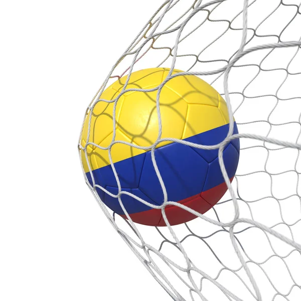 Κολομβία κολομβιανή σημαία ποδόσφαιρο μπάλα μέσα στο διαδίκτυο, σε ένα δίχτυ. — Φωτογραφία Αρχείου