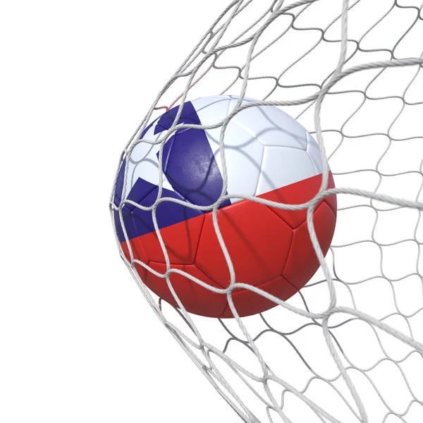 Chile Chilské vlajky fotbalový míč uvnitř sítě, v síti. — Stock fotografie