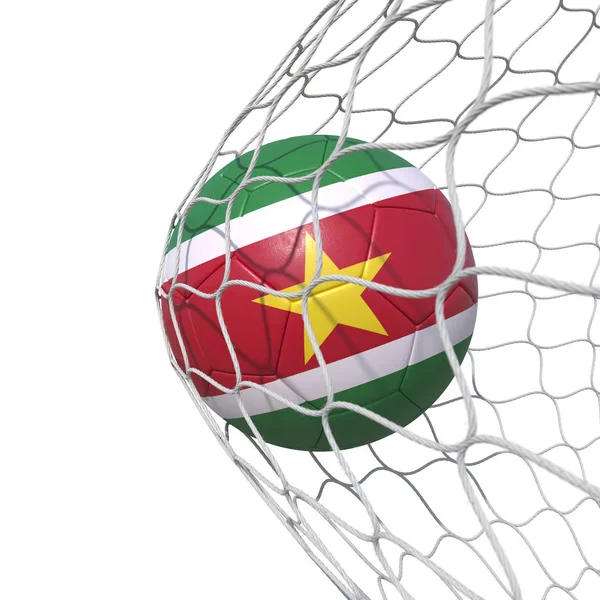 Surinaamse Suriname Surinaamse vlag voetbal binnen het net, in — Stockfoto