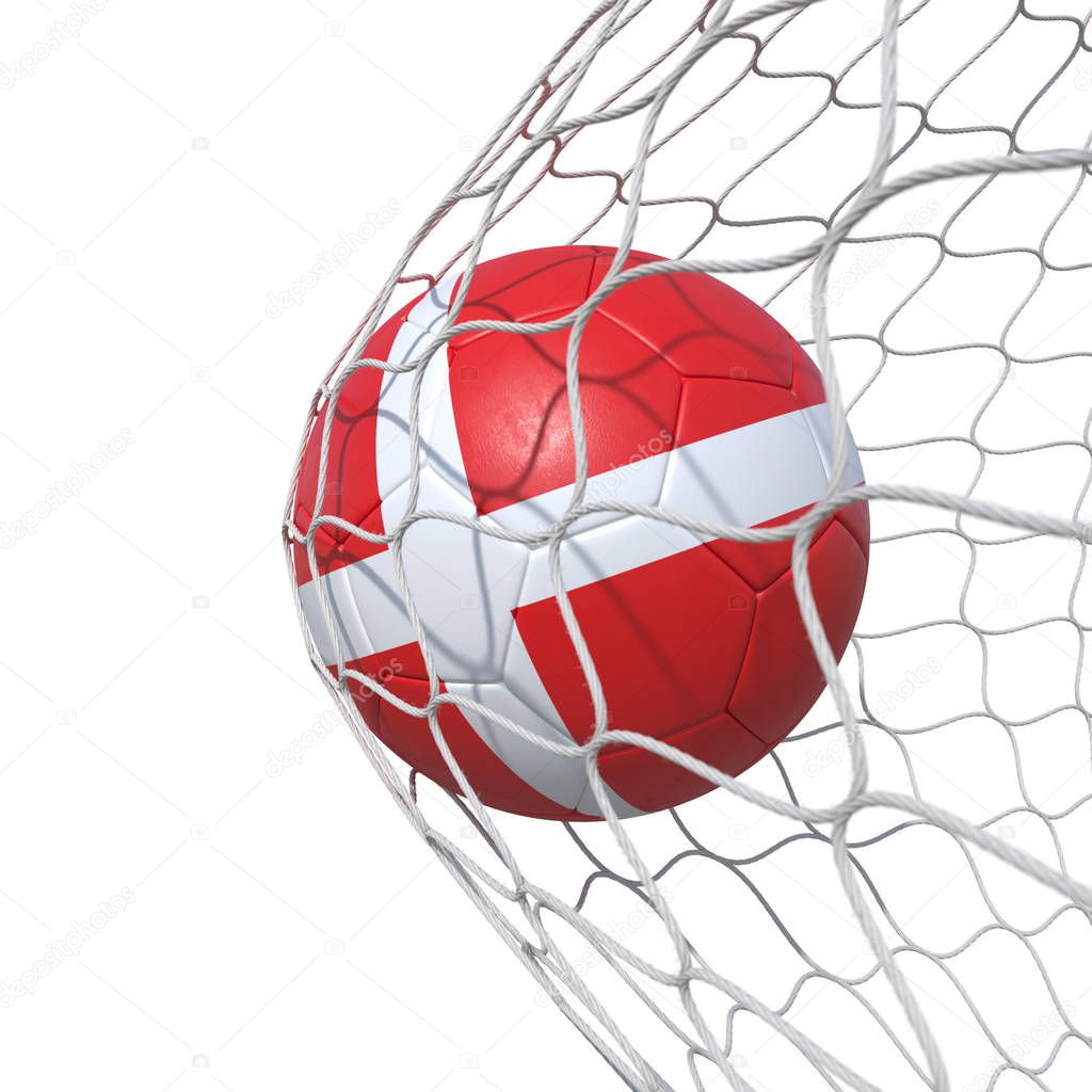 Denmark flag soccer ball inside the net, in a net.