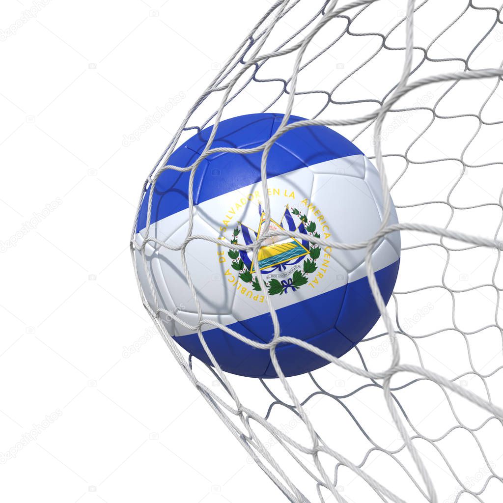Salvador Salvadoran flag soccer ball inside the net, in a net.