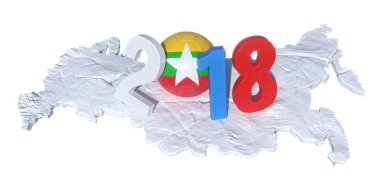 üzerine konan bir Myanmar bayrağı futbol topuyla yazılı 2018 