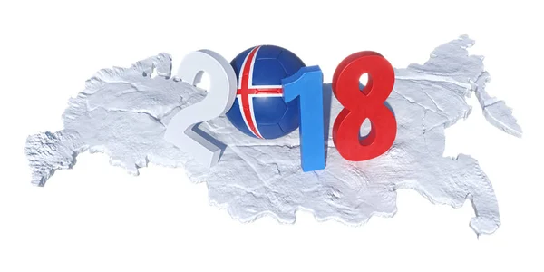 2018 geschreven met de voetbal van een eiland-vlag die vastgelegd op t — Stockfoto