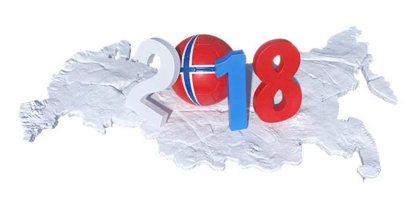 2018 escrito com uma bola de futebol da bandeira norueguesa que colocou — Fotografia de Stock