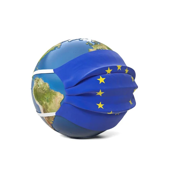 Earth Globe Einer Medizinischen Maske Mit Der Europafahne Isoliert Auf — Stockfoto