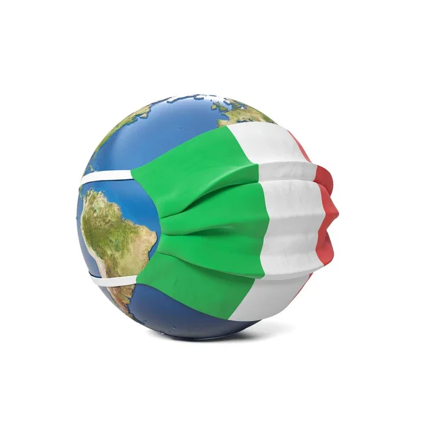Globo Tierra Una Máscara Médica Con Bandera Italia Italiana Aislado — Foto de Stock