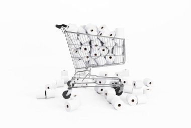 Panik halinde bir sürü tuvalet kağıdı olan COVID-19 arabası al. Beyaz arka planda izole edilmiş. 3B Hazırlama, Resmetme.