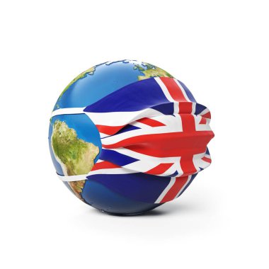 İngiltere İngiliz Britanya bayrağı taşıyan, beyaz arka planda izole edilmiş bir tıbbi maske takan Dünya Küresi. Küresel Çin koronavirüsü salgını. 3B Hazırlama, Resmetme.