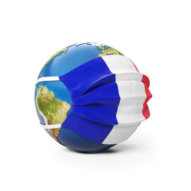 Dünya Küresi, beyaz arka planda izole edilmiş Fransız bayrağıyla tıbbi bir maske takıyor. Küresel Çin koronavirüsü salgını. 3B Hazırlama, Resmetme.